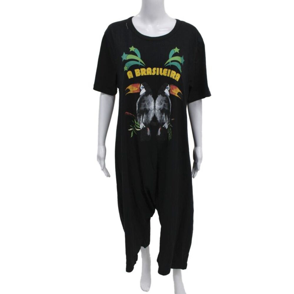 Farm Rio Women Jumpsuit Black Graphic Cotton Short Sleeve Round Neck Size S